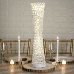 24" Crystal Beaded Hurricane Floral Vase Centerpiece 23 24" Crystal Beaded Hurricane Floral Vase Centerpiece -Home Decor Promotional Store CHDLR 025 WHT D07
