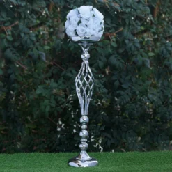 2 Pack Reversible Pillar Candle Holder Set Flower Ball Pedestal Stand 26" -Home Decor Promotional Store CHDLR 032 SILV D01