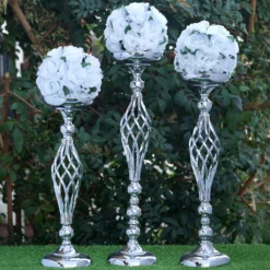 2 Pack Reversible Pillar Candle Holder Set Flower Ball Pedestal Stand 26" -Home Decor Promotional Store CHDLR 032 SILV D02