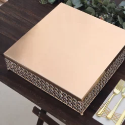 Square Crystal Beaded Metal Pedestal Riser, Dessert Display Stand 16” -Home Decor Promotional Store CHDLR 036 GOLD D07