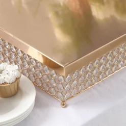 Square Crystal Beaded Metal Pedestal Riser, Dessert Display Stand 16” -Home Decor Promotional Store CHDLR 036 GOLD D08