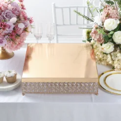 Square Crystal Beaded Metal Pedestal Riser, Dessert Display Stand 16” -Home Decor Promotional Store CHDLR 036 GOLD D11