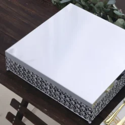 Square Crystal Beaded Metal Pedestal Riser, Dessert Display Stand 16” -Home Decor Promotional Store CHDLR 036 SILV D07