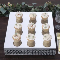 Square Crystal Beaded Metal Pedestal Riser, Dessert Display Stand 16” -Home Decor Promotional Store CHDLR 036 SILV D12