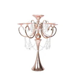 Metal 5 Arm Candelabra Votive Candle Holder With Hanging Crystal Drops 27" -Home Decor Promotional Store CHDLR 038 054 D06