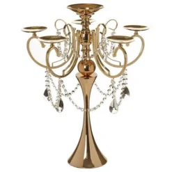 Metal 5 Arm Candelabra Votive Candle Holder With Hanging Crystal Drops 27" -Home Decor Promotional Store CHDLR 038 GOLD 01 30a127ec fc3d 4836 bb8d 0bf7ecdfd30f