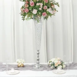 2 Pack | Silver Tall Crystal Beaded Trumpet Vase Set, Table Centerpiece -Home Decor Promotional Store CHDLR 042 40 SILV 02.progressive 053ad349 6c65 4248 8703 060f0da85d83