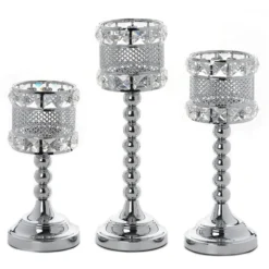 3 Pack | Acrylic Crystal Beaded Votive Candle Holders, Goblet Candle Holder Set -Home Decor Promotional Store CHDLR 043 SILV 01