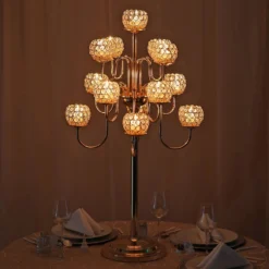 Metal Crystal Beaded Candelabra Candle Holders, Goblet Votive Candle Holders 40" Tall 13 Arm -Home Decor Promotional Store CHDLR 047 GOLD D04