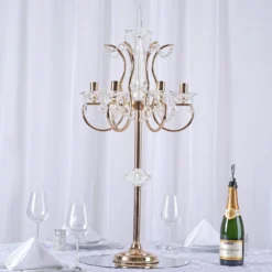 Gold Metal Candelabra Taper Candle Holders With Acrylic Crystals 40" Tall 6 Arm -Home Decor Promotional Store CHDLR 048 GOLD D02