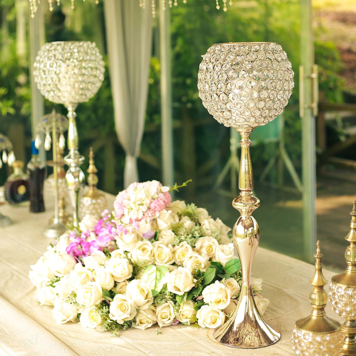 Metal Acrylic Crystal Goblet Candle Holder, Flower Ball Stand 30" 1 Metal Acrylic Crystal Goblet Candle Holder, Flower Ball Stand 30"
