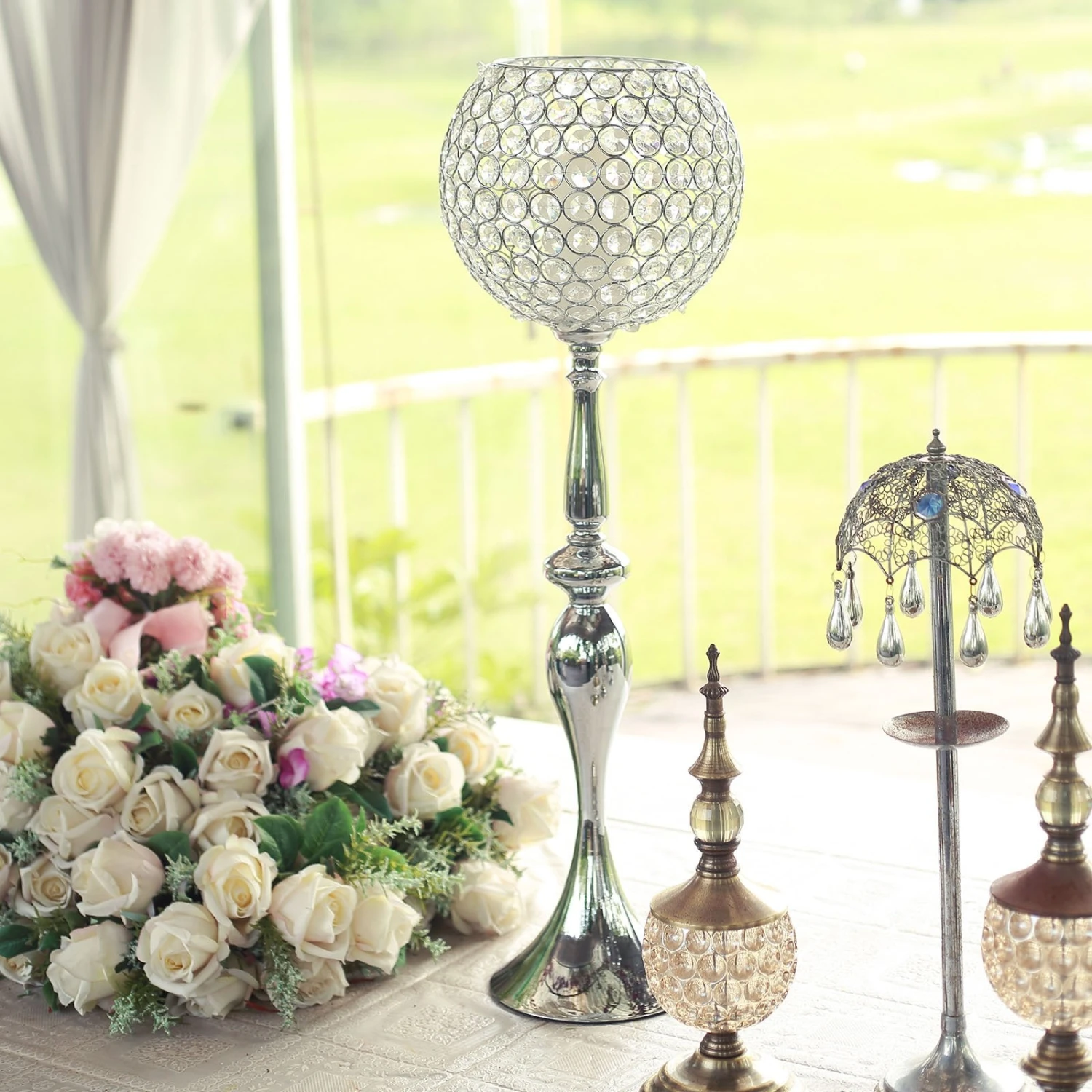 Metal Acrylic Crystal Goblet Candle Holder, Flower Ball Stand 30" 4 Metal Acrylic Crystal Goblet Candle Holder, Flower Ball Stand 30" - Image 4