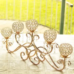 5 Arm Gold Metal Crystal Horizontal Candelabra Goblet Candle Holder Stand 27" -Home Decor Promotional Store CHDLR 053 GOLD D10