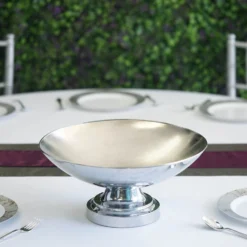 15" Round Metal Pedestal Flower Pot Floating Candle Bowl, Display Dish -Home Decor Promotional Store CHDLR 054 SILV 14 01