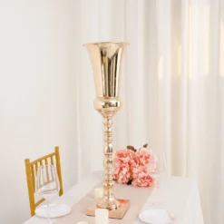 Gold Trumpet Metal Flower Vase, European Style Centerpiece - Square Base 27" Tall -Home Decor Promotional Store CHDLR 062 28 GOLD 02.progressive 9eff15b4 e7be 4013 8473 3567aca54b4e