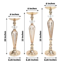 Set Of 3 | Gold Metal Crystal Ball Flower Bowl Pedestal Stand Set, Pillar Candle Holder Stands - 20", 23", 25" -Home Decor Promotional Store CHDLR 063 SET GOLD 98