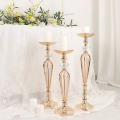Set Of 3 | Gold Metal Crystal Ball Flower Bowl Pedestal Stand Set, Pillar Candle Holder Stands - 20", 23", 25" -Home Decor Promotional Store CHDLR 063 SET GOLD D01