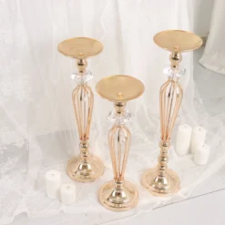 Set Of 3 | Gold Metal Crystal Ball Flower Bowl Pedestal Stand Set, Pillar Candle Holder Stands - 20", 23", 25" -Home Decor Promotional Store CHDLR 063 SET GOLD D05
