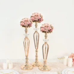Set Of 3 | Gold Metal Crystal Ball Flower Bowl Pedestal Stand Set, Pillar Candle Holder Stands - 20", 23", 25" -Home Decor Promotional Store CHDLR 063 SET GOLD D06