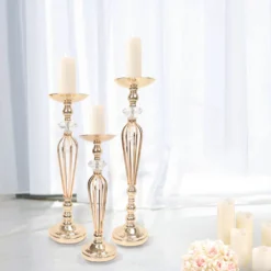 Set Of 3 | Gold Metal Crystal Ball Flower Bowl Pedestal Stand Set, Pillar Candle Holder Stands - 20", 23", 25" -Home Decor Promotional Store CHDLR 063 SET GOLD 01