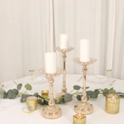 Set Of 3 | Gold Metal Crystal Beaded Votive Candle Holder Centerpieces, Tea Light Candle Holder Stands - 11",13",15" 16 Set Of 3 | Gold Metal Crystal Beaded Votive Candle Holder Centerpieces, Tea Light Candle Holder Stands - 11",13",15" -Home Decor Promotional Store CHDLR 064 SET GOLD D01