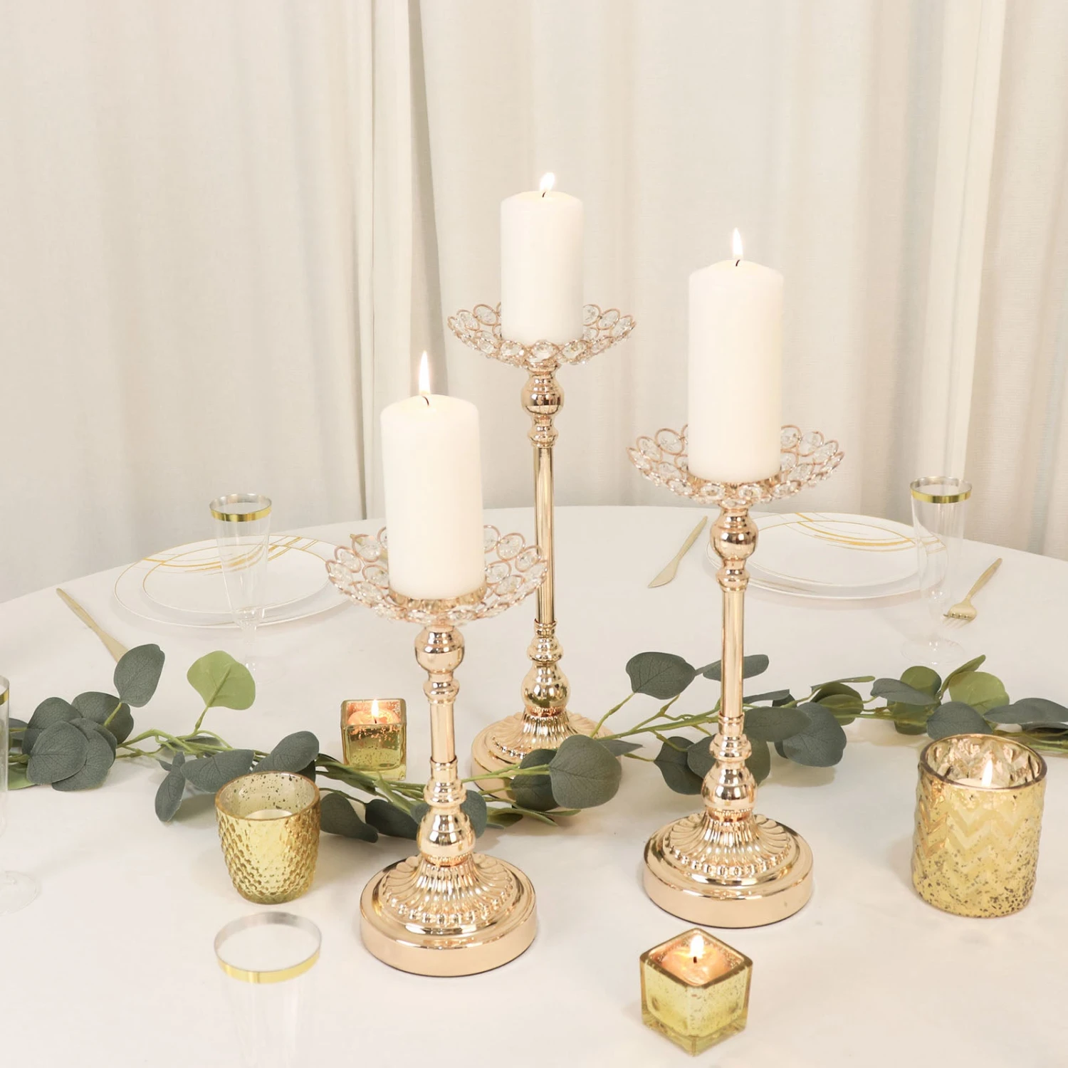 Set Of 3 | Gold Metal Crystal Beaded Votive Candle Holder Centerpieces, Tea Light Candle Holder Stands - 11",13",15" 8 Set Of 3 | Gold Metal Crystal Beaded Votive Candle Holder Centerpieces, Tea Light Candle Holder Stands - 11",13",15" - Image 8