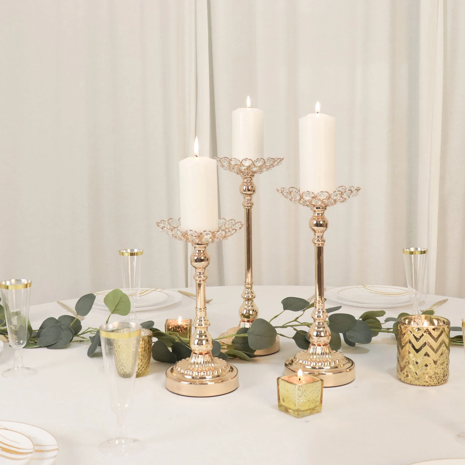 Set Of 3 | Gold Metal Crystal Beaded Votive Candle Holder Centerpieces, Tea Light Candle Holder Stands - 11",13",15" 7 Set Of 3 | Gold Metal Crystal Beaded Votive Candle Holder Centerpieces, Tea Light Candle Holder Stands - 11",13",15" - Image 7