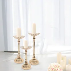 Set Of 3 | Gold Metal Crystal Beaded Votive Candle Holder Centerpieces, Tea Light Candle Holder Stands - 11",13",15" 17 Set Of 3 | Gold Metal Crystal Beaded Votive Candle Holder Centerpieces, Tea Light Candle Holder Stands - 11",13",15" -Home Decor Promotional Store CHDLR 064 SET GOLD D08