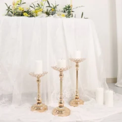 Set Of 3 | Gold Metal Crystal Beaded Votive Candle Holder Centerpieces, Tea Light Candle Holder Stands - 11",13",15" 18 Set Of 3 | Gold Metal Crystal Beaded Votive Candle Holder Centerpieces, Tea Light Candle Holder Stands - 11",13",15" -Home Decor Promotional Store CHDLR 064 SET GOLD D09