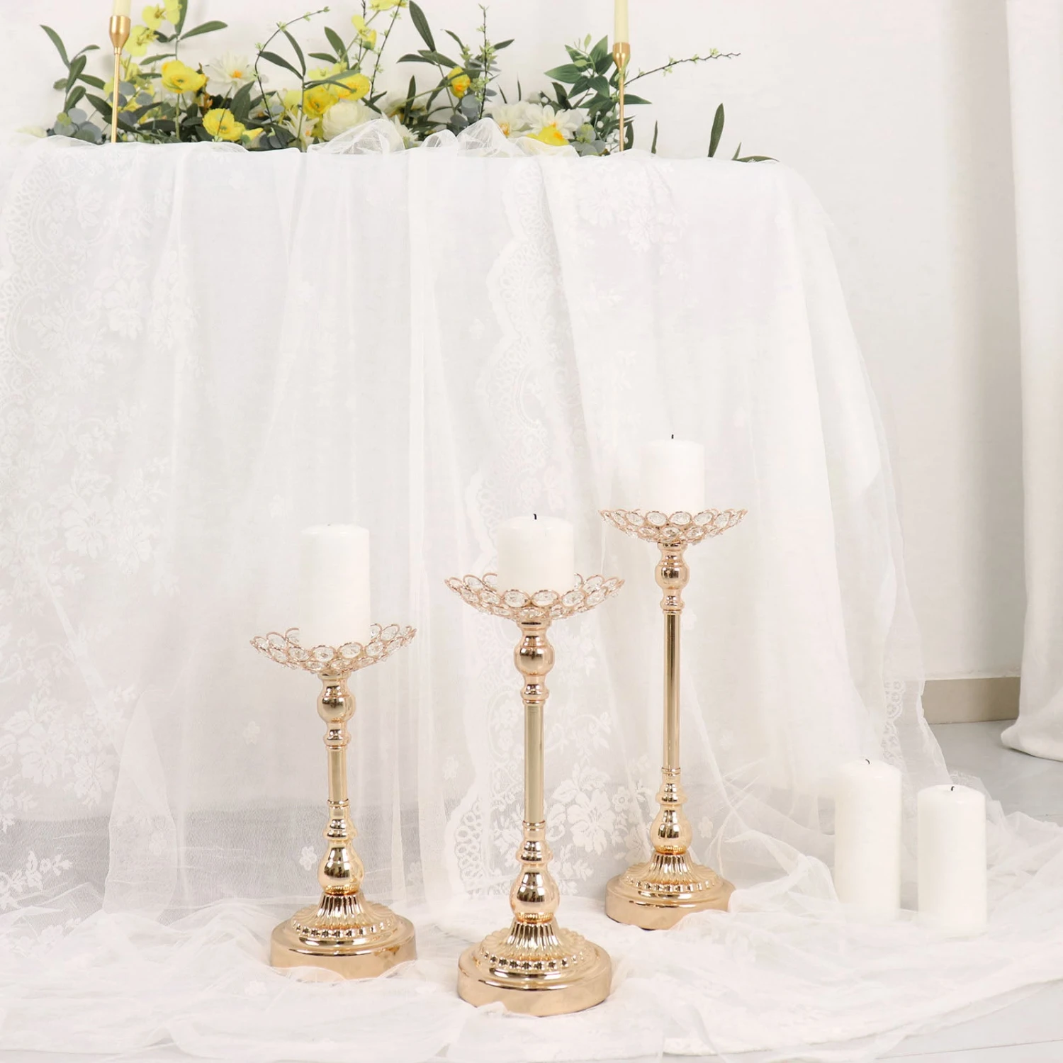 Set Of 3 | Gold Metal Crystal Beaded Votive Candle Holder Centerpieces, Tea Light Candle Holder Stands - 11",13",15" 6 Set Of 3 | Gold Metal Crystal Beaded Votive Candle Holder Centerpieces, Tea Light Candle Holder Stands - 11",13",15" - Image 6