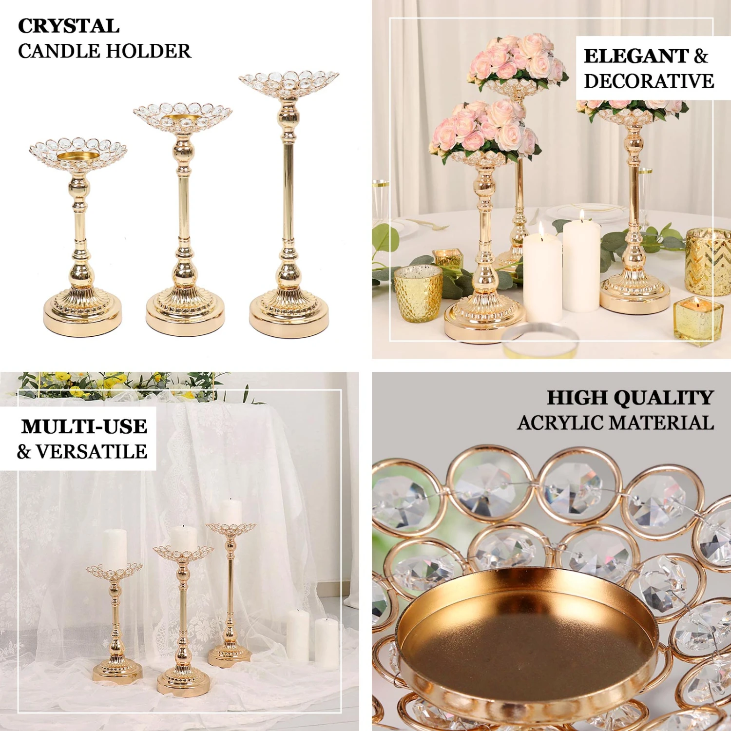 Set Of 3 | Gold Metal Crystal Beaded Votive Candle Holder Centerpieces, Tea Light Candle Holder Stands - 11",13",15" 2 Set Of 3 | Gold Metal Crystal Beaded Votive Candle Holder Centerpieces, Tea Light Candle Holder Stands - 11",13",15" - Image 2