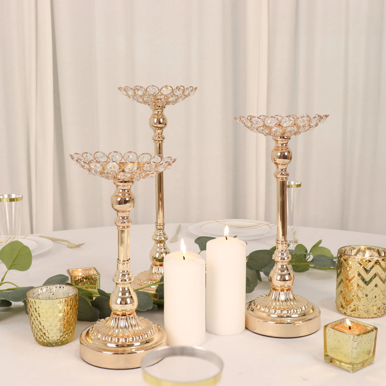 Set Of 3 | Gold Metal Crystal Beaded Votive Candle Holder Centerpieces, Tea Light Candle Holder Stands - 11",13",15" 1 Set Of 3 | Gold Metal Crystal Beaded Votive Candle Holder Centerpieces, Tea Light Candle Holder Stands - 11",13",15"
