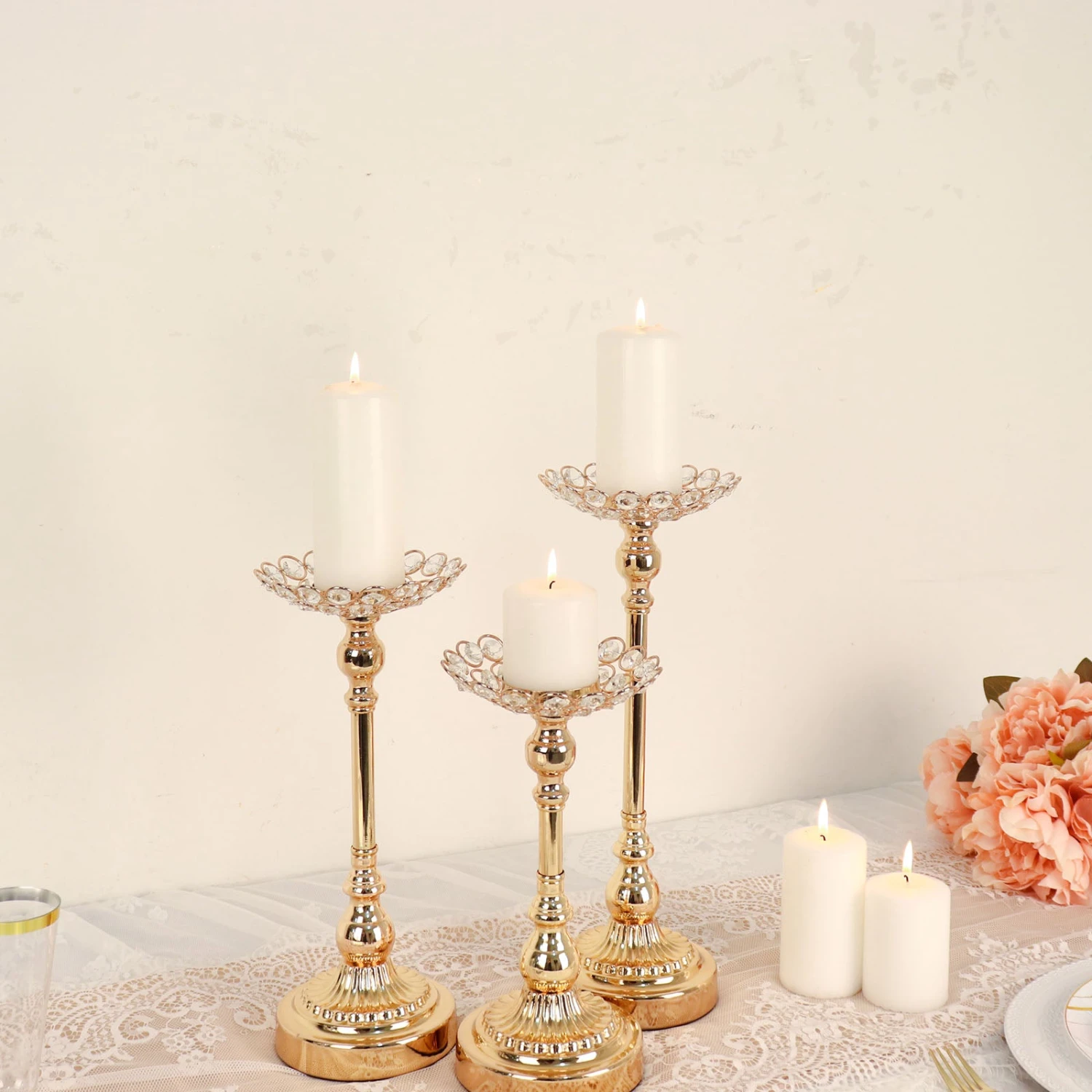 Set Of 3 | Gold Metal Crystal Beaded Votive Candle Holder Centerpieces, Tea Light Candle Holder Stands - 11",13",15" 3 Set Of 3 | Gold Metal Crystal Beaded Votive Candle Holder Centerpieces, Tea Light Candle Holder Stands - 11",13",15" - Image 3
