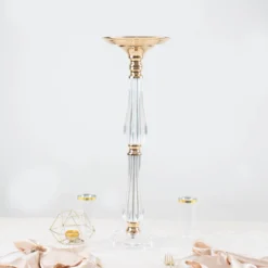 Gold / Clear Acrylic Crystal Pillar Candle Stand Table Centerpiece, Pedestal With Flower Bowl Top 26 Gold / Clear Acrylic Crystal Pillar Candle Stand Table Centerpiece, Pedestal With Flower Bowl Top -Home Decor Promotional Store CHDLR 066 24 GOLD D05