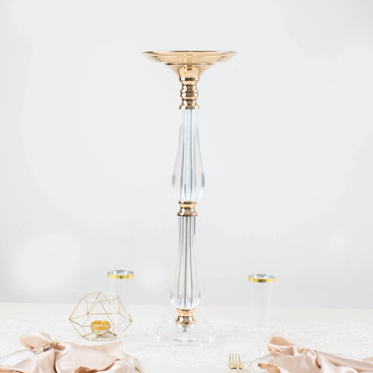 Gold / Clear Acrylic Crystal Pillar Candle Stand Table Centerpiece, Pedestal With Flower Bowl Top 9 Gold / Clear Acrylic Crystal Pillar Candle Stand Table Centerpiece, Pedestal With Flower Bowl Top - Image 9
