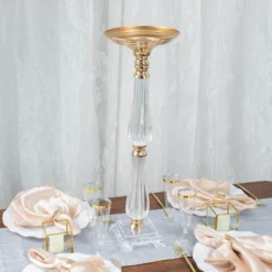 Gold / Clear Acrylic Crystal Pillar Candle Stand Table Centerpiece, Pedestal With Flower Bowl Top 28 Gold / Clear Acrylic Crystal Pillar Candle Stand Table Centerpiece, Pedestal With Flower Bowl Top -Home Decor Promotional Store CHDLR 066 24 GOLD D06