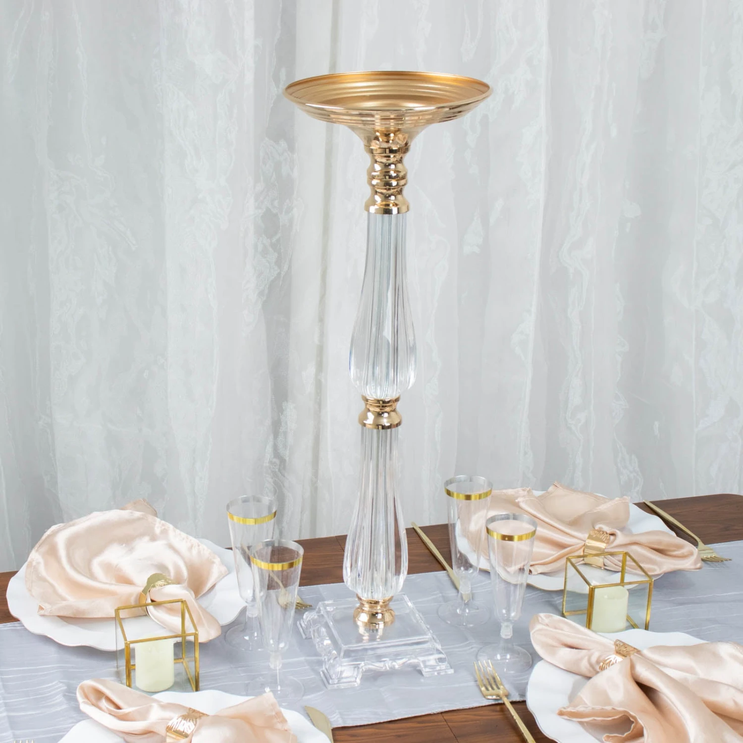 Gold / Clear Acrylic Crystal Pillar Candle Stand Table Centerpiece, Pedestal With Flower Bowl Top 11 Gold / Clear Acrylic Crystal Pillar Candle Stand Table Centerpiece, Pedestal With Flower Bowl Top - Image 11