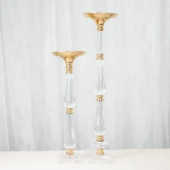 Gold / Clear Acrylic Crystal Pillar Candle Stand Table Centerpiece, Pedestal With Flower Bowl Top