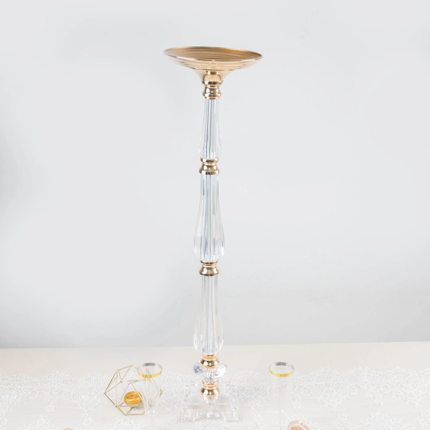 Gold / Clear Acrylic Crystal Pillar Candle Stand Table Centerpiece, Pedestal With Flower Bowl Top 14 Gold / Clear Acrylic Crystal Pillar Candle Stand Table Centerpiece, Pedestal With Flower Bowl Top - Image 14