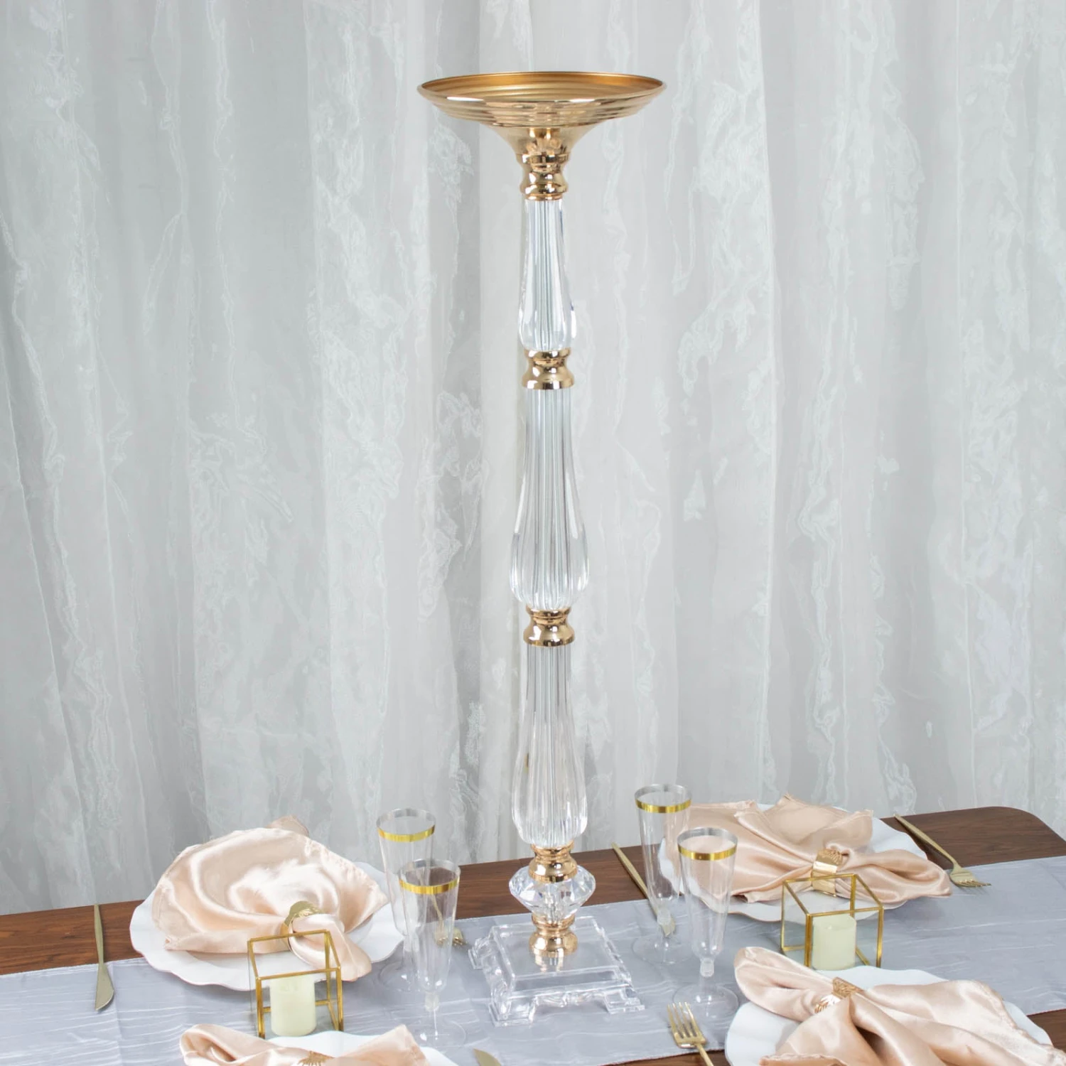 Gold / Clear Acrylic Crystal Pillar Candle Stand Table Centerpiece, Pedestal With Flower Bowl Top 16 Gold / Clear Acrylic Crystal Pillar Candle Stand Table Centerpiece, Pedestal With Flower Bowl Top - Image 16