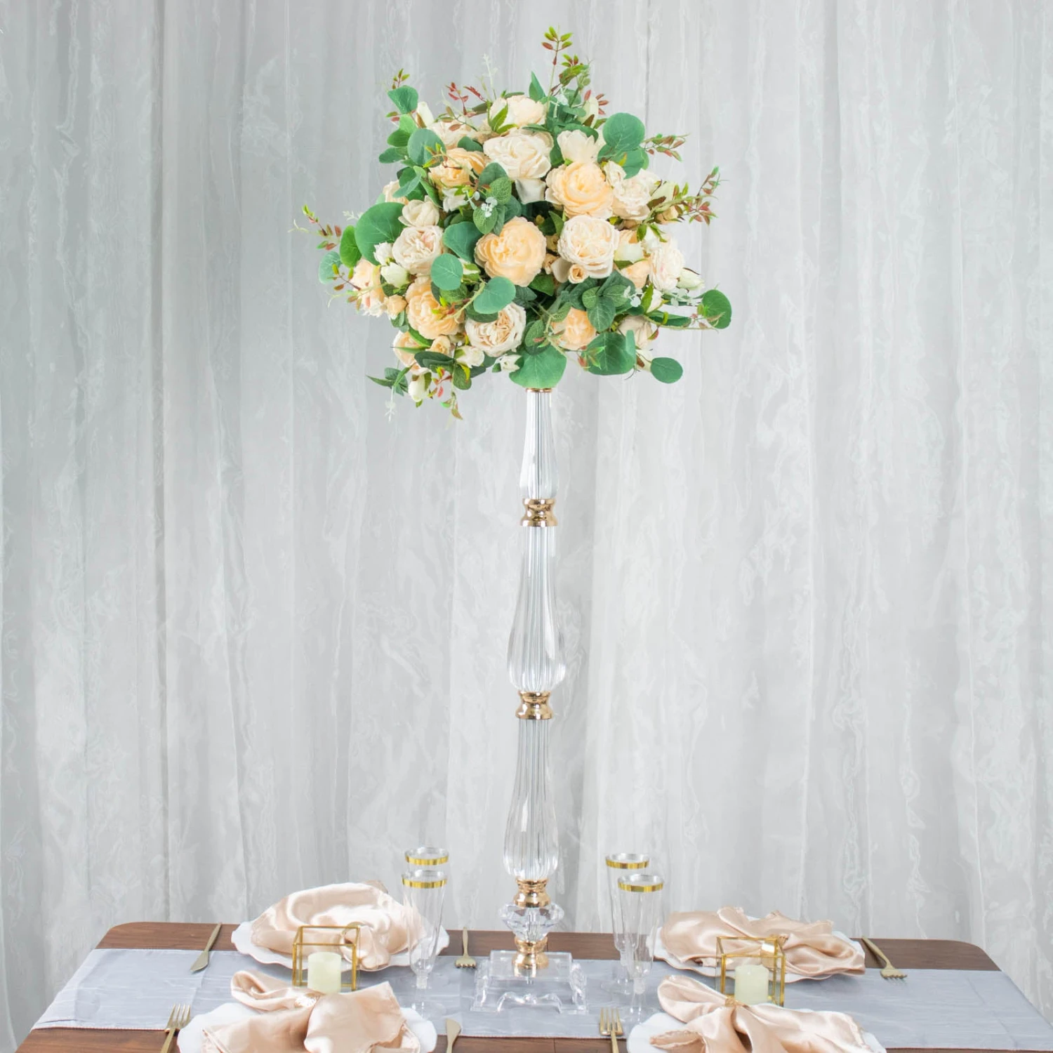 Gold / Clear Acrylic Crystal Pillar Candle Stand Table Centerpiece, Pedestal With Flower Bowl Top 3 Gold / Clear Acrylic Crystal Pillar Candle Stand Table Centerpiece, Pedestal With Flower Bowl Top - Image 3