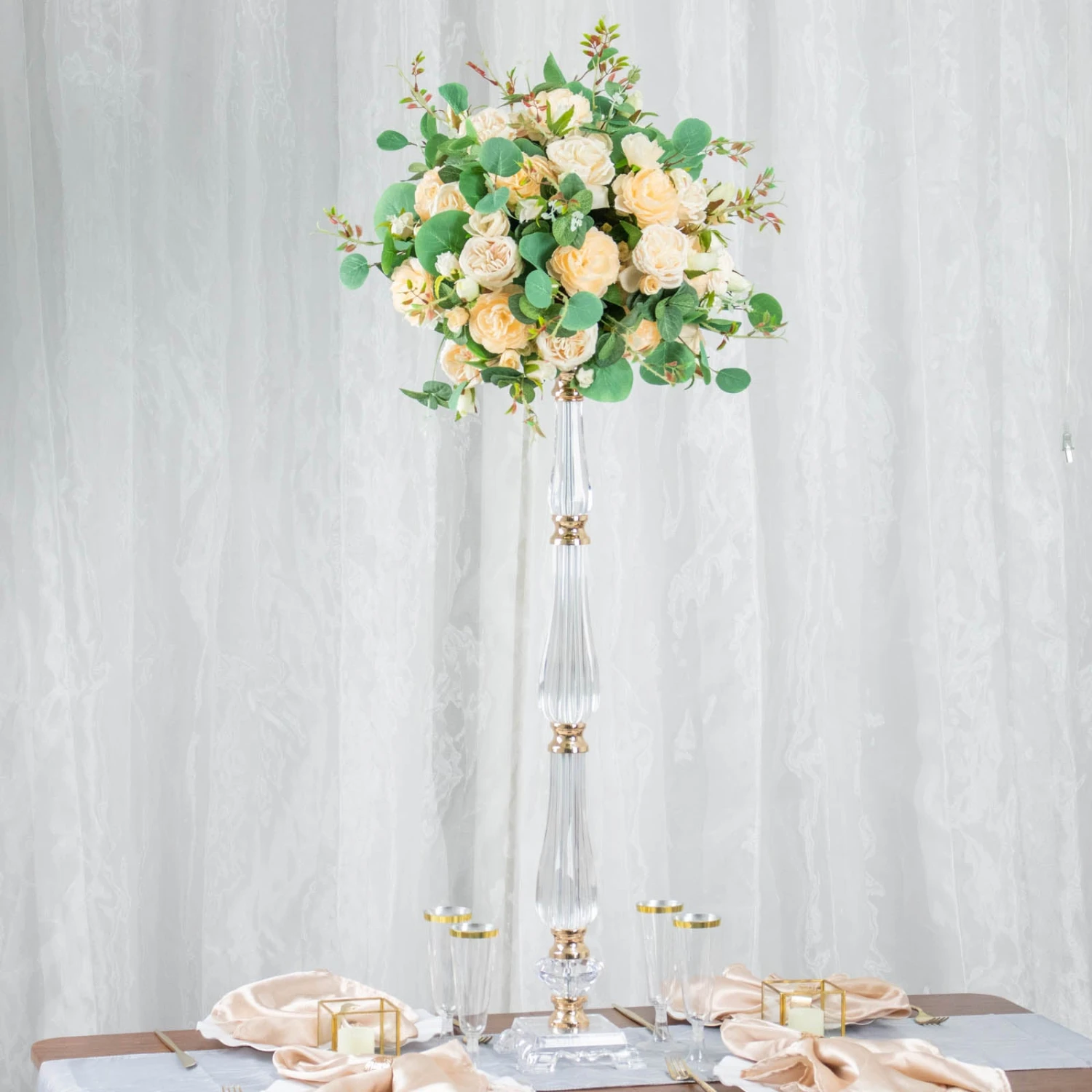 Gold / Clear Acrylic Crystal Pillar Candle Stand Table Centerpiece, Pedestal With Flower Bowl Top 15 Gold / Clear Acrylic Crystal Pillar Candle Stand Table Centerpiece, Pedestal With Flower Bowl Top - Image 15