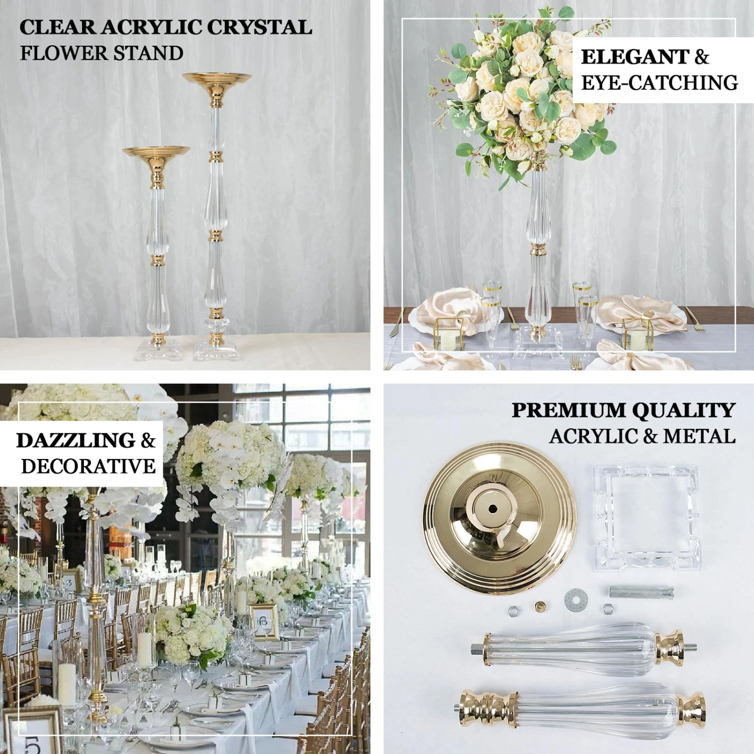Gold / Clear Acrylic Crystal Pillar Candle Stand Table Centerpiece, Pedestal With Flower Bowl Top 2 Gold / Clear Acrylic Crystal Pillar Candle Stand Table Centerpiece, Pedestal With Flower Bowl Top - Image 2