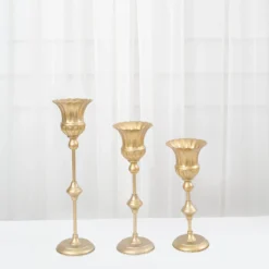 Set Of 3 | Metallic Gold Trumpet Flower Vase Centerpieces, Vintage Style Flute Table Decorative Stands - 13",16",19" -Home Decor Promotional Store CHDLR 067 SET GOLD D01