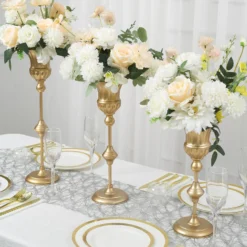 Set Of 3 | Metallic Gold Trumpet Flower Vase Centerpieces, Vintage Style Flute Table Decorative Stands - 13",16",19" -Home Decor Promotional Store CHDLR 067 SET GOLD 01