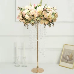 2 Pack 24" Gold Metal Flower Stand Table Centerpiece With Spiral Hanging Beads, Crystal Flower Pedestal Centerpiece