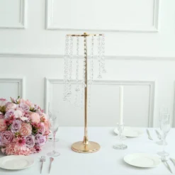 2 Pack 24" Gold Metal Flower Stand Table Centerpiece With Spiral Hanging Beads, Crystal Flower Pedestal Centerpiece -Home Decor Promotional Store CHDLR 068 24 GOLD D03