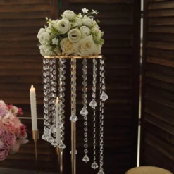 2 Pack 24" Gold Metal Flower Stand Table Centerpiece With Spiral Hanging Beads, Crystal Flower Pedestal Centerpiece -Home Decor Promotional Store CHDLR 068 24 GOLD D13