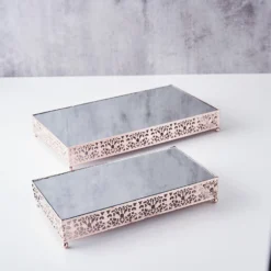 Set Of 2 | Fleur De Lis Metal Rectangle Pedestal Riser, Dessert Display Stand With Mirror Top -Home Decor Promotional Store CHDLR CAKE06 1418 054 D06