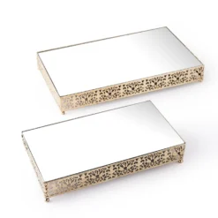 Set Of 2 | Fleur De Lis Metal Rectangle Pedestal Riser, Dessert Display Stand With Mirror Top -Home Decor Promotional Store CHDLR CAKE06 1418 GOLD 99